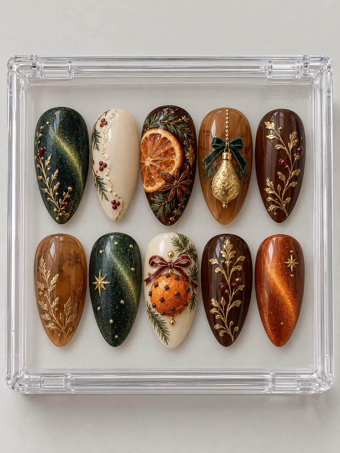 Ten deep green, orange, caramel, brown and ivory Christmas press-on nails with dried citrus, star anise, clove pomander, pear ornament and gold-colour botanicals.