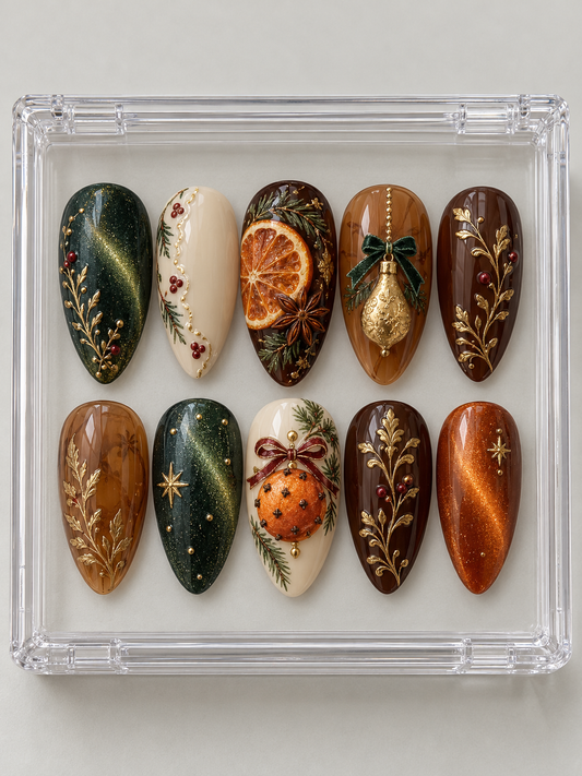 Ten deep green, orange, caramel, brown and ivory Christmas press-on nails with dried citrus, star anise, clove pomander, pear ornament and gold-colour botanicals.