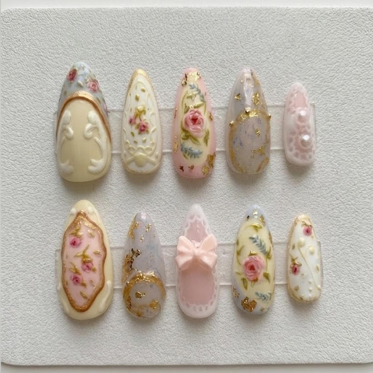Vintage Floral 3D Nails, Pink Cream Coquette Handmade Nails, Gold Foil Rose Embossed Nail Art, Wedding Date Party Nails.