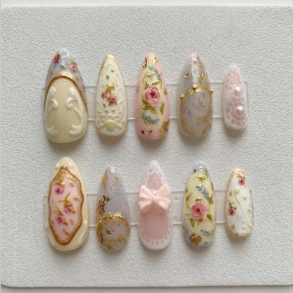 Vintage Floral 3D Nails, Pink Cream Coquette Handmade Nails, Gold Foil Rose Embossed Nail Art, Wedding Date Party Nails.