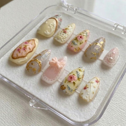 Vintage Floral 3D Nails, Pink Cream Coquette Handmade Nails, Gold Foil Rose Embossed Nail Art, Wedding Date Party Nails.