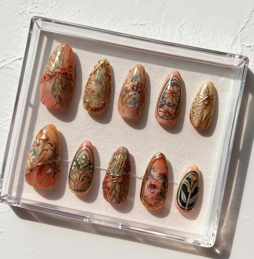 Vintage Floral press-on Nails; Handmade Art Nouveau Nail Design, Elegant Autumn Nail Set, Hand Painted Neutral Nails, Custom Reusable Nail.