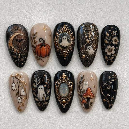 Vintage Halloween press-on Nails; Ghost Pumpkin Mushroom Nails.