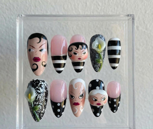 Vintage Lady press-on Nails; Retro Face Nails.