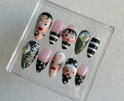Vintage Lady press-on Nails; Retro Face Nails.