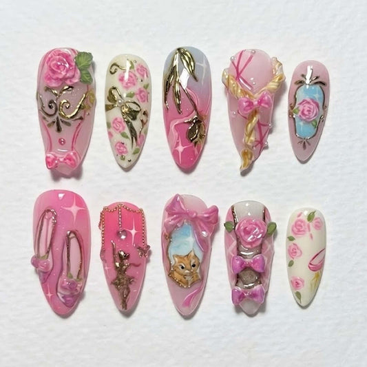 Vintage Pink Rose press-on Nails, Coquette Princess Nail Set, 3D Bow Kitten Charm Nails, Romantic Floral Nails.