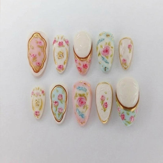 Vintage Rose Frame 3D Nails, Elegant Floral Handmade Nails, Pink Blue Porcelain Nail Art, Wedding Bridal Party Nails.