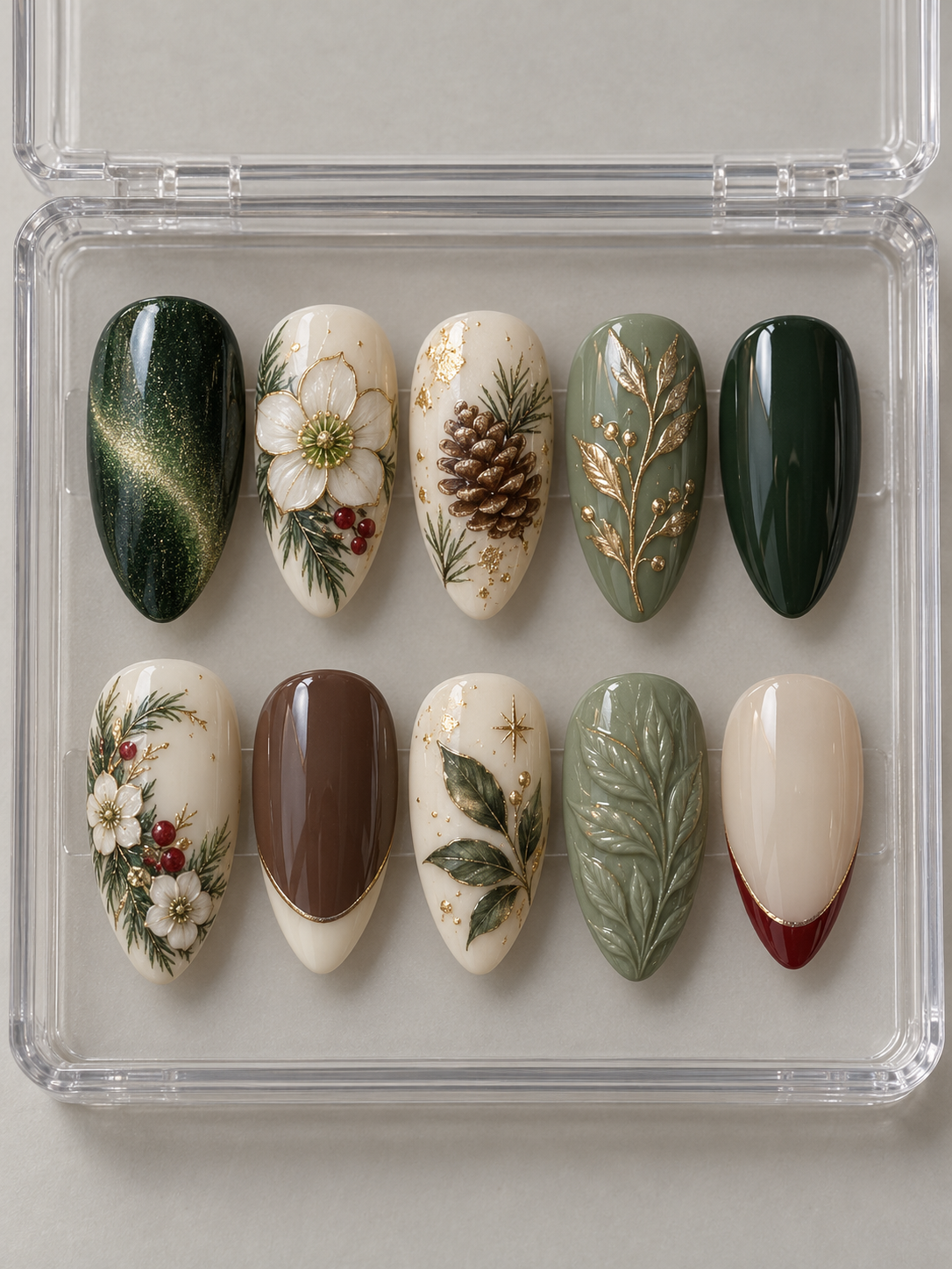 AI design mockup: Ten forest-green, sage, ivory and cocoa Christmas press-on nails with white winter flowers, pinecone, foliage, red berries and raised leaf texture.