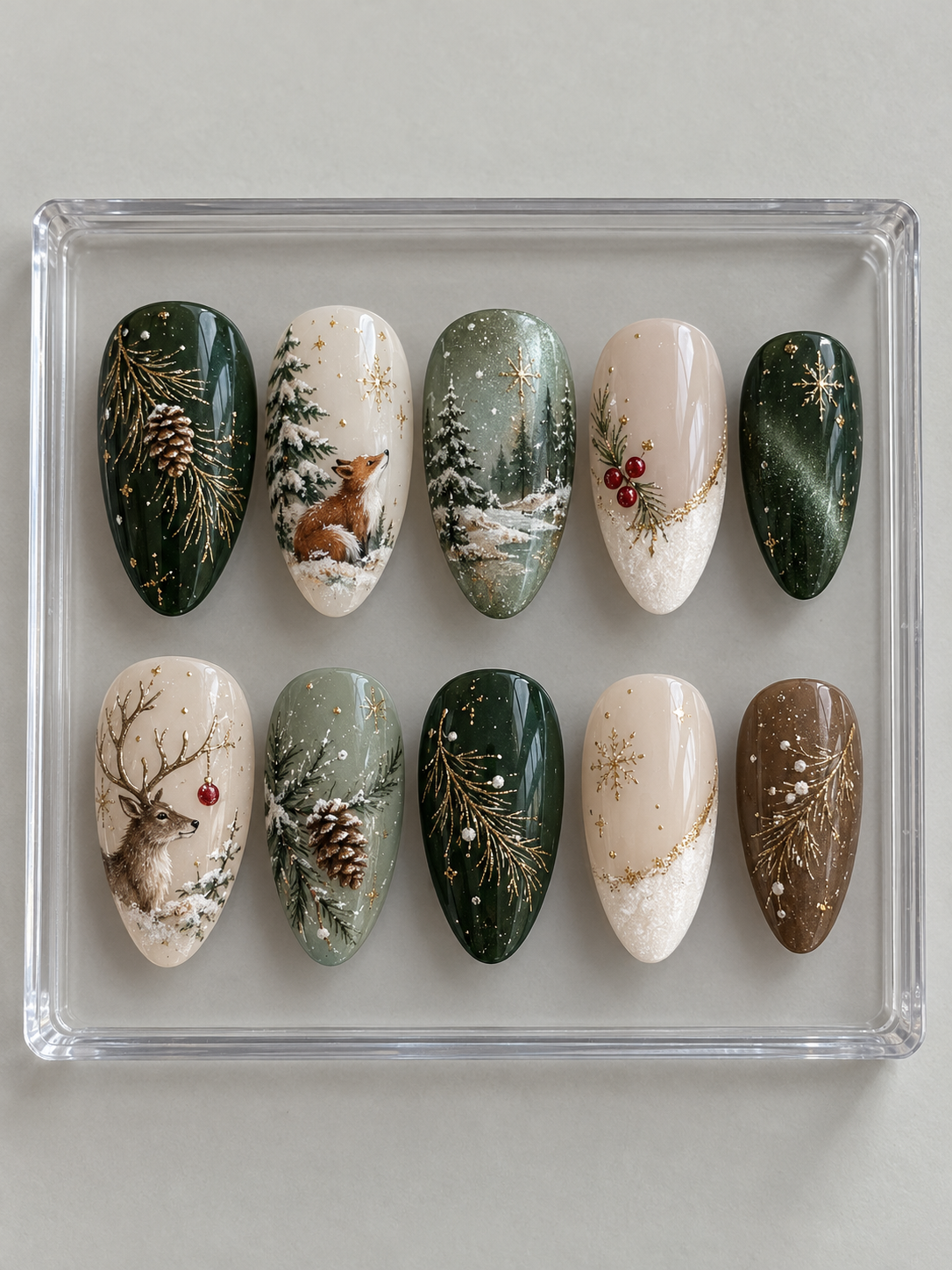 Ten forest green, sage, ivory and brown Christmas press-on nails with fox and deer artwork, snowy pines, pinecones and gold-colour accents.