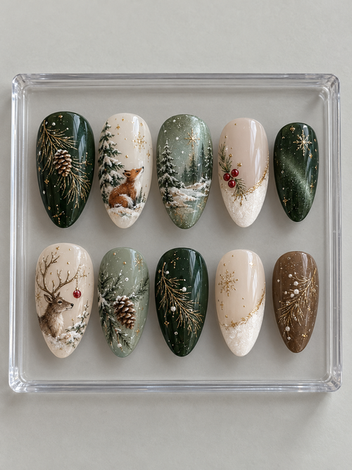 Ten forest green, sage, ivory and brown Christmas press-on nails with fox and deer artwork, snowy pines, pinecones and gold-colour accents.