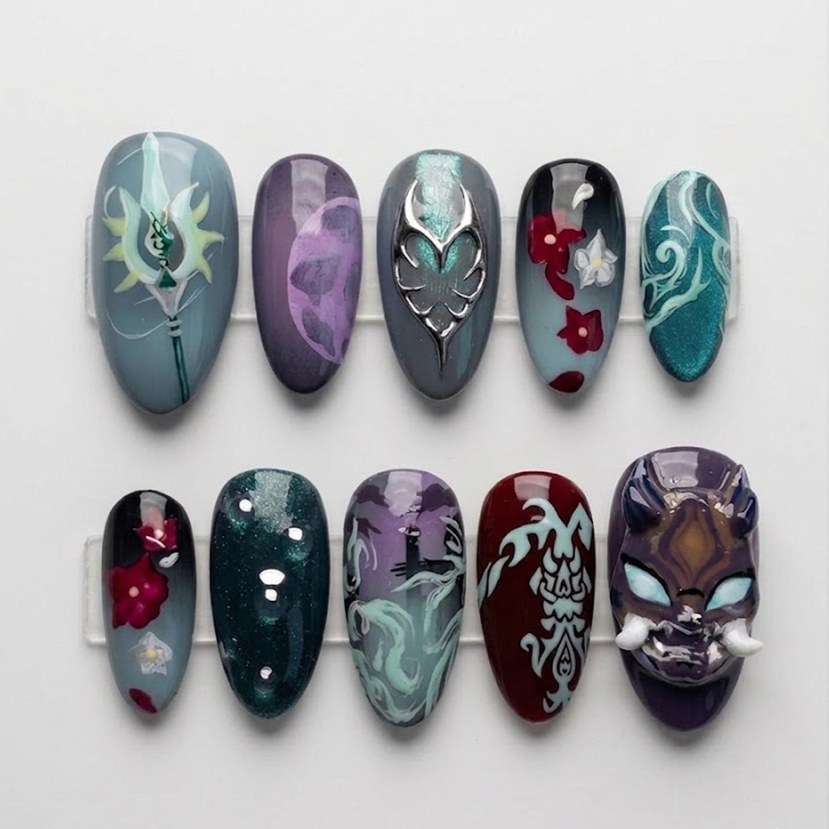Xiao Genshin Inspired 3D press-on Nails; Adeptus Style Nail Set, Dark Teal Fantasy Sculpted Nails, Cosplay Nails.