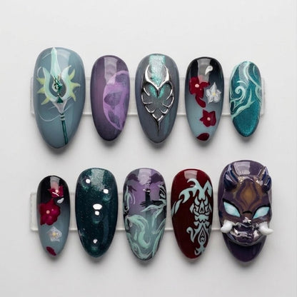 Xiao Genshin Inspired 3D press-on Nails; Adeptus Style Nail Set, Dark Teal Fantasy Sculpted Nails, Cosplay Nails.