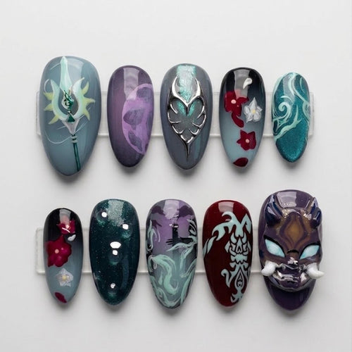 Xiao Genshin Inspired 3D press-on Nails; Adeptus Style Nail Set, Dark Teal Fantasy Sculpted Nails, Cosplay Nails.