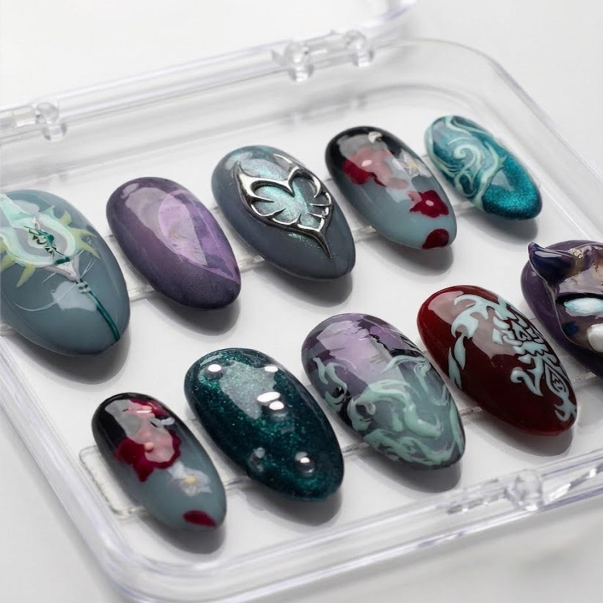 Xiao Genshin Inspired 3D press-on Nails; Adeptus Style Nail Set, Dark Teal Fantasy Sculpted Nails, Cosplay Nails.