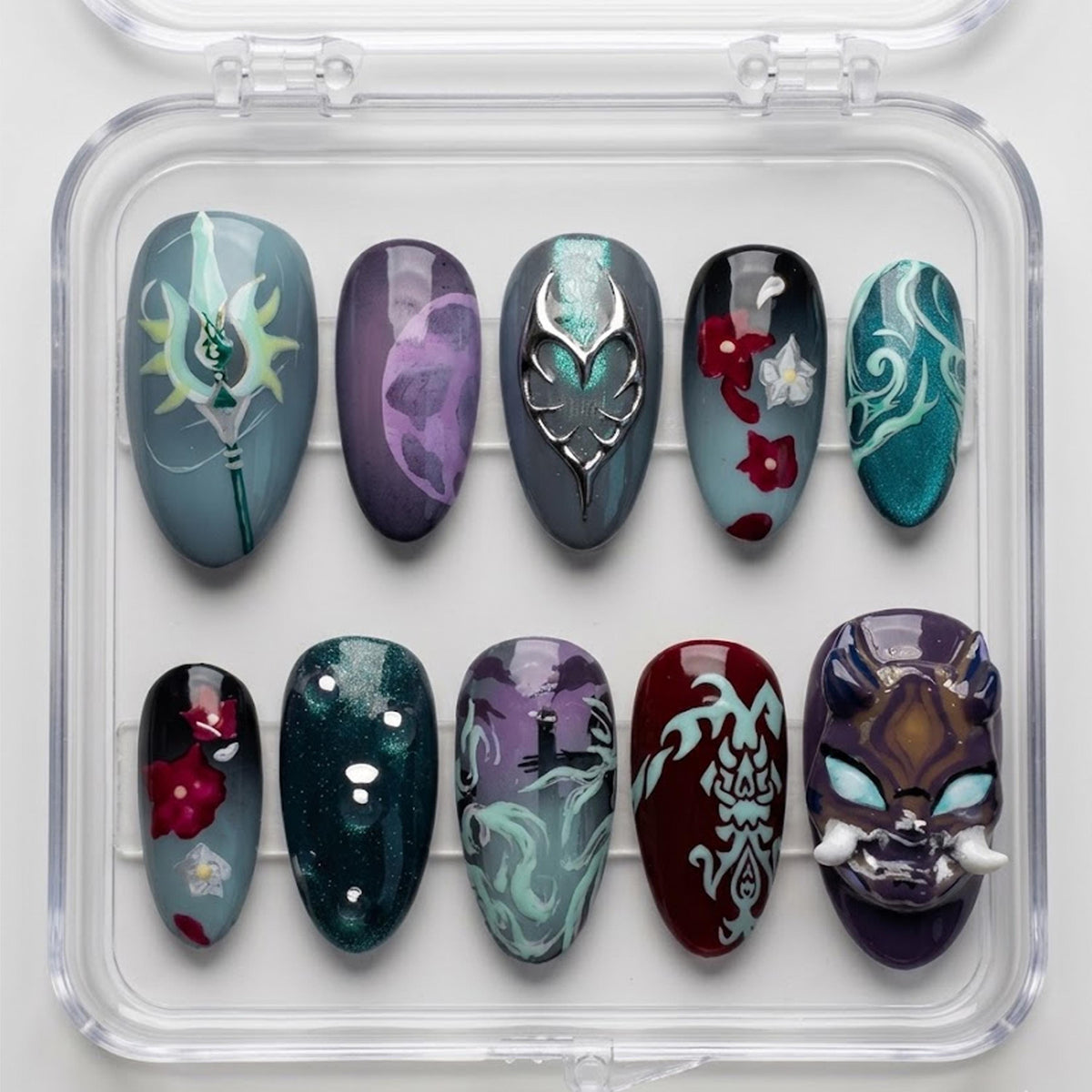 Xiao Genshin Inspired 3D press-on Nails; Adeptus Style Nail Set, Dark Teal Fantasy Sculpted Nails, Cosplay Nails.