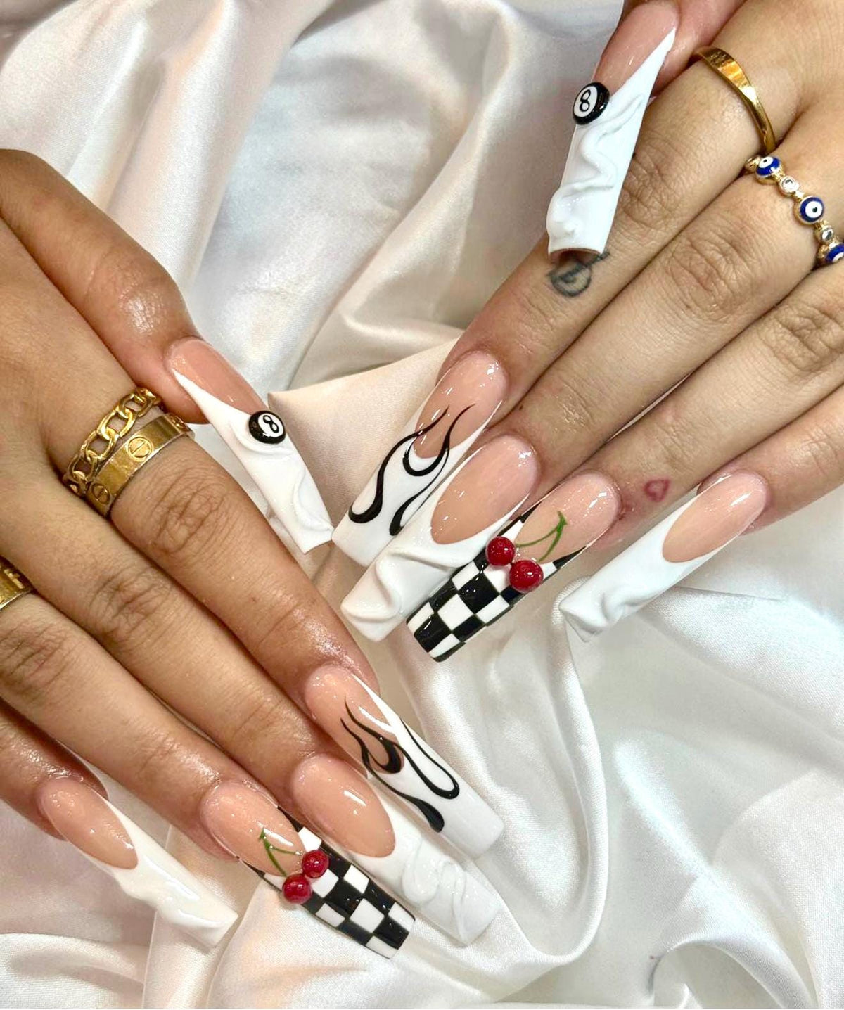 Y2K Flame and Cherry press-on Nails: Retro Rockabilly Coffin Nail Art.