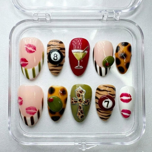 Y2K Glam press-on Nails, Leopard Print Martini Nails, Retro Mixed Design Nails, Lips and 8 Ball Nails, Trendy Almond Nails.