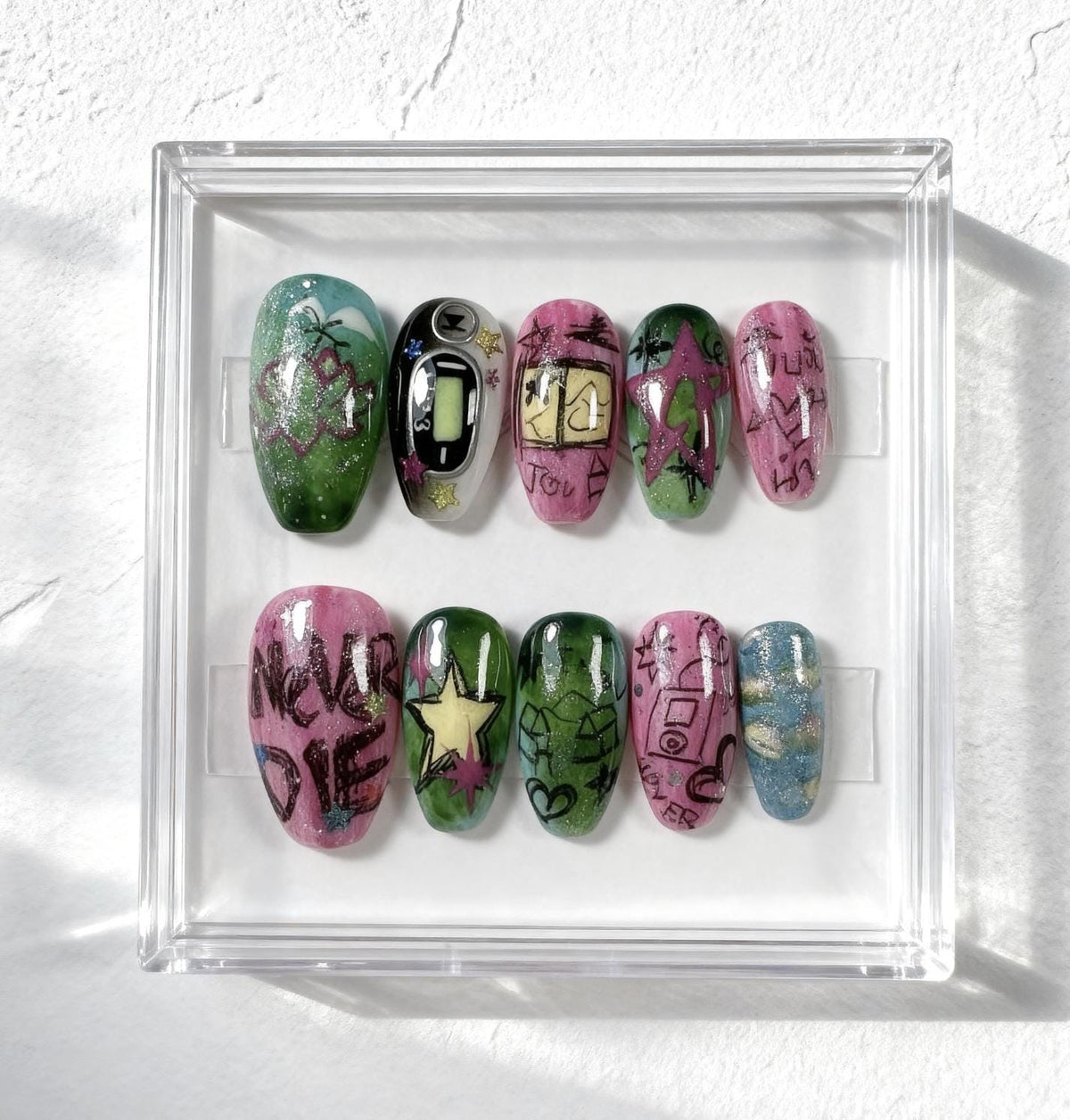 Y2K Graffiti press-on Nails; Indie Pop Star Nails.