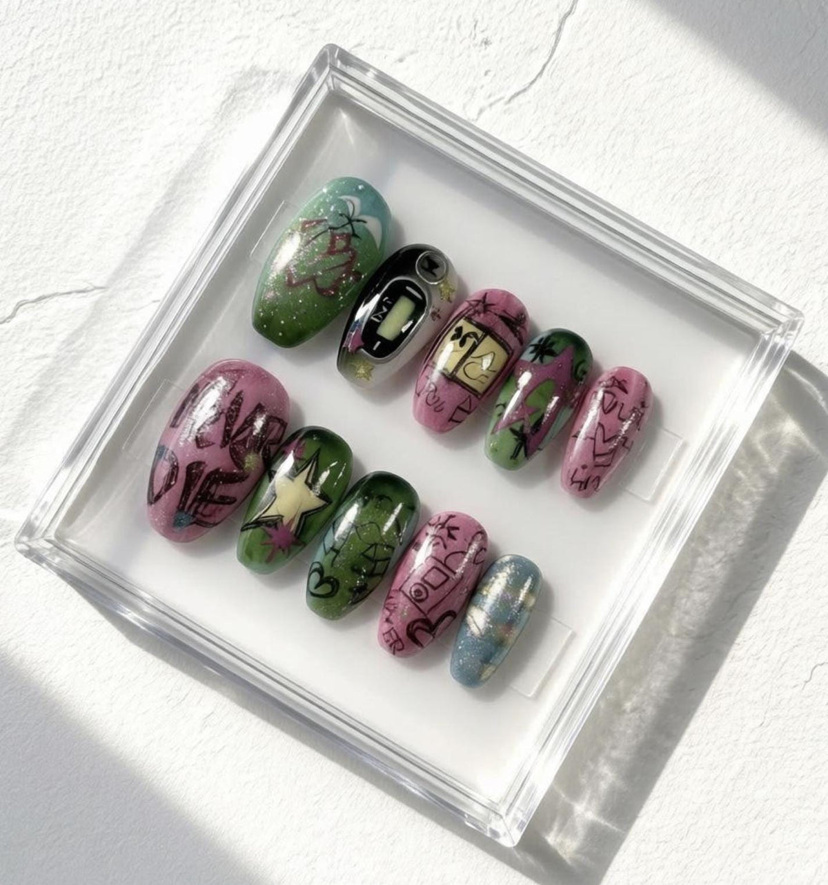Y2K Graffiti press-on Nails; Indie Pop Star Nails.