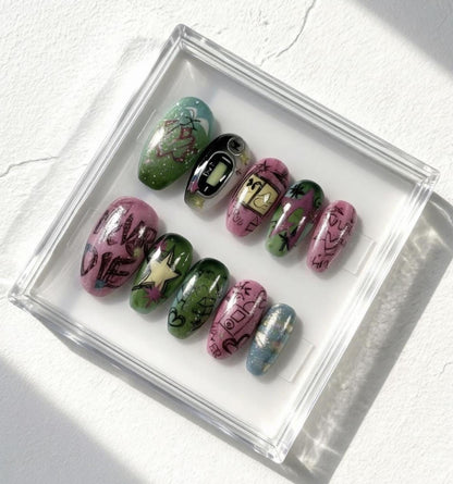 Y2K Graffiti press-on Nails; Indie Pop Star Nails.