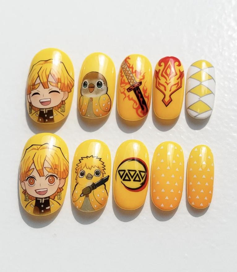 Zenitsu press-on Nails; Demon Slayer press-on Nails.