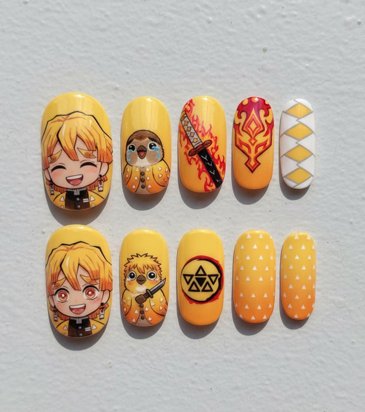 Zenitsu press-on Nails; Demon Slayer press-on Nails.